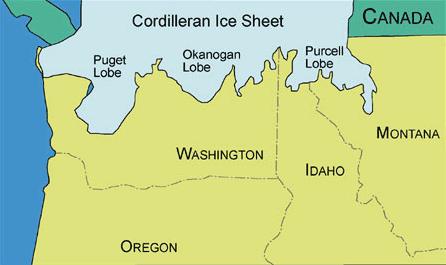 Figure 1. Map showing the extent of the Cordilleran Ice Sheet, including the three lobes.