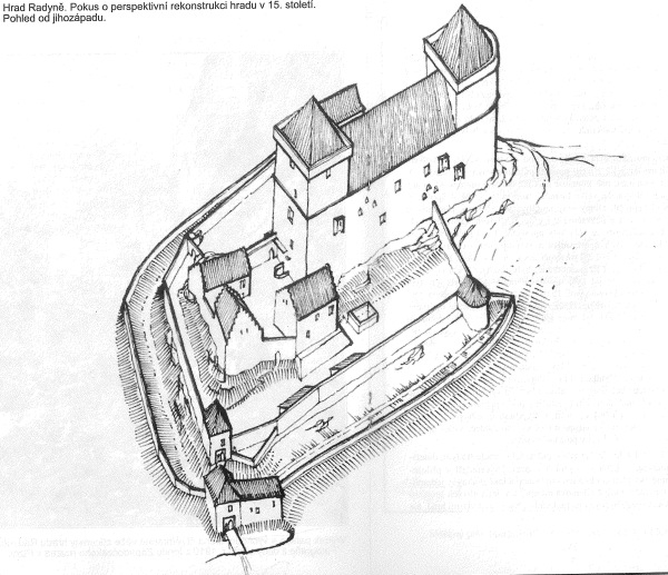 Kresba Radyne z jihozapadu / A drawing of Radyne castle form the southwest