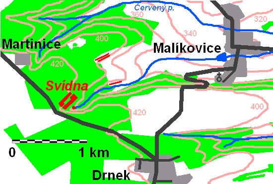 Location of deserted village of Svidna. Spring in a ravine and and traces of field stripes once belonging to Svidna are also highlited in red. Map by Toniczech, November 2009.