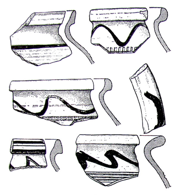 Fragments of yellowish, red painted pottery of North-Bohemian origin from 15th century.