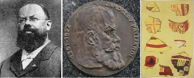 Jaroslav Palliardi, detail jeho pamětní desky na budově Jihomoravského muzea ve Znojmě a moravská malovaná keramika nalezená v roce 1888 ve Znojmě-Novosadech.