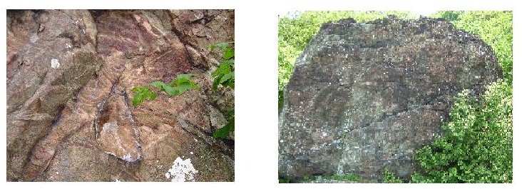 LEFT-WAYPOINT #2: Hydrothermally altered rock along Little Stony Man Trail / RIGHT-WAYPOINT #3: Volcanic Breccia Rock at lower overlook