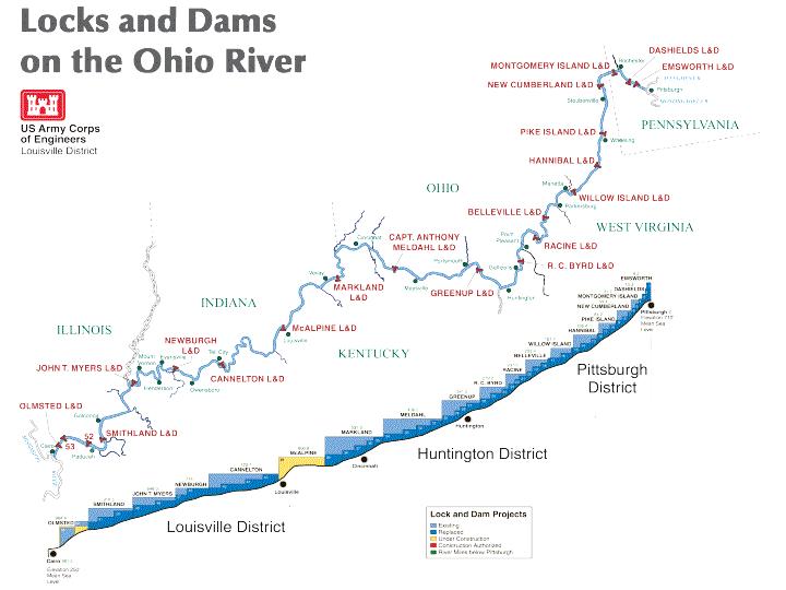 map of ohio river valley. Map of Ohio River and her dams