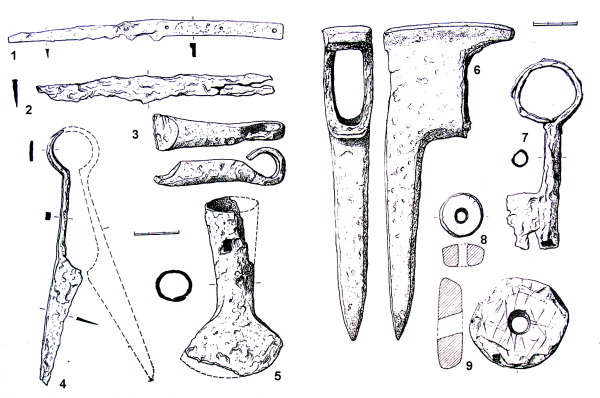 Selected finds from farmsteads 1 (6 & 7), 2 (1 through 5) and 3 (8 & 9). 1) and 2) knives, 3) fragment of a curb, 4) sheep shears, 5) ploughstaff, 6) pick, 7) key, 8) and 9) stone spindle whorls.