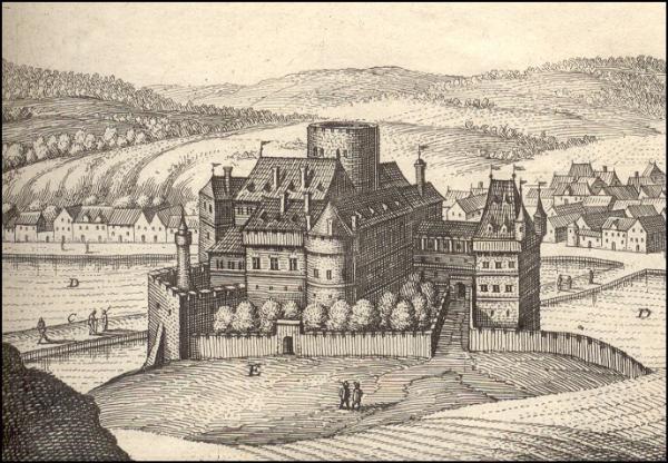 Hrad v I. polovine 17. století (výrez z rytiny Matthäuse Meriana)