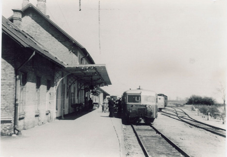 Rødby station med skinnebus ca 1950