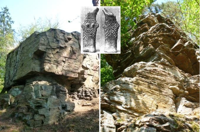 Obě hlavní skaliska a idol ženy nalezený zde při archeologických vykopávkách.