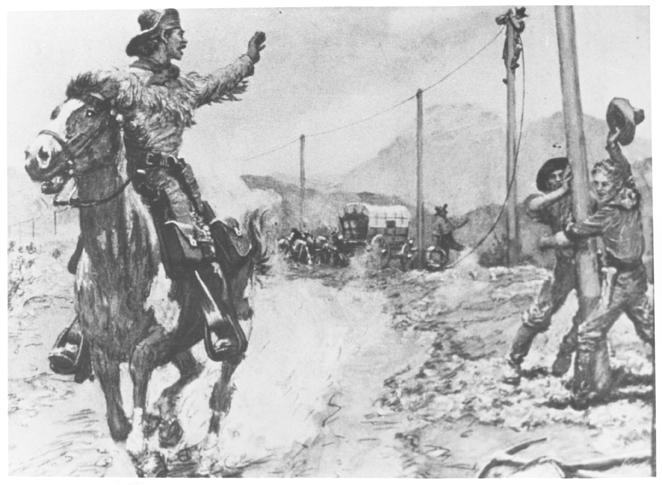 A Pony Express rider waves goodbye to the new hi-tech telegraph line/ workers