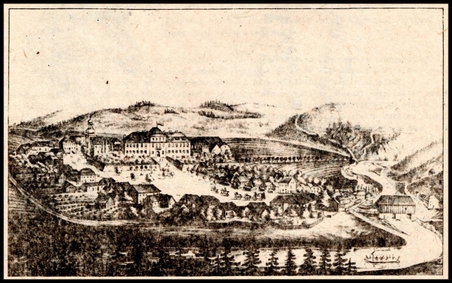 Pohled na zamek a ves z prvni pol. 19. stol(litografie ulozena ve stribrskem muzeu)
