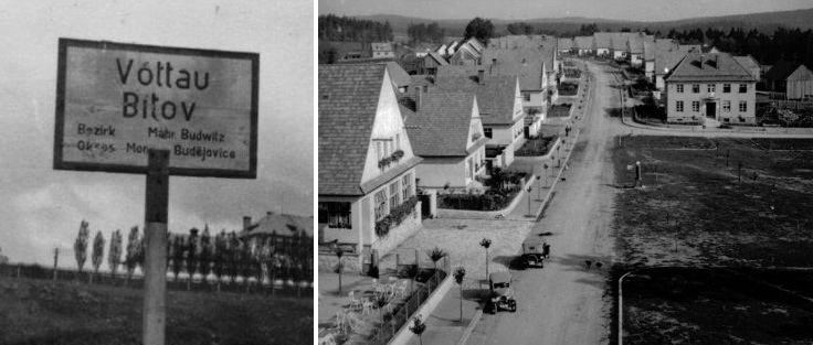 Cedule u cesty značící obec - český i německý název, vpravo nově vystavené domy, jeden jako druhý.