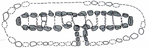 Rekonstruktionszeichnung mit der Lage der Träger und Decksteine. Ovale Anordnung der Steine mit quer darüber liegenden Decksteinen