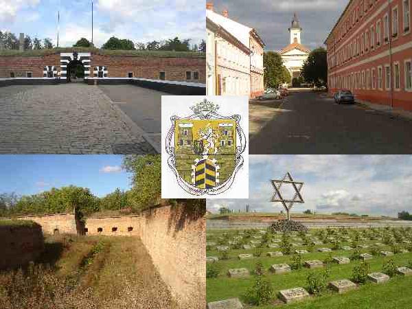 Mosaic of Terezin: gate of the Small Fortress, Church of the Resurrection, moat and casemates, graves at the National Cemetery. Photos by Toniczech.