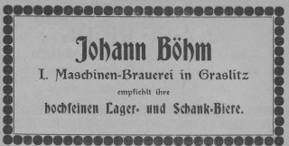 Inzerát Pivovaru Johanna Böhma