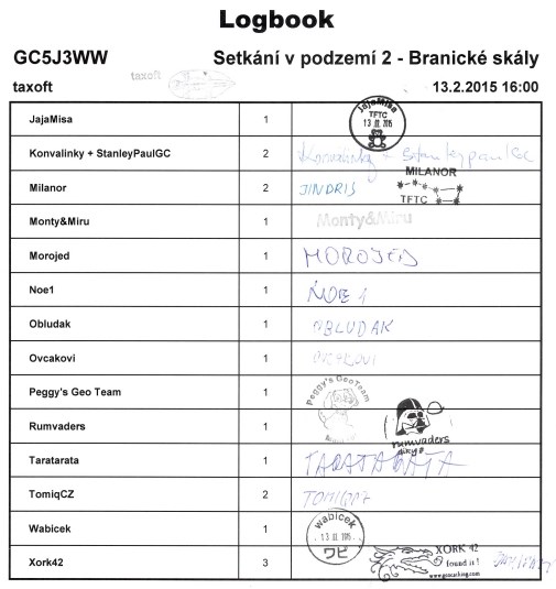 GC5J3WW - Setkání v podzemí 2 - Branické skály 1 a 1/2 - logbook 2/1