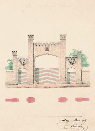 A. Jiruš, Brána ke vstupu do obory. Akvarel, 1859