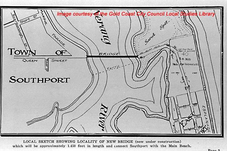 Map showing the bridge in relation to Southport and Main Beach