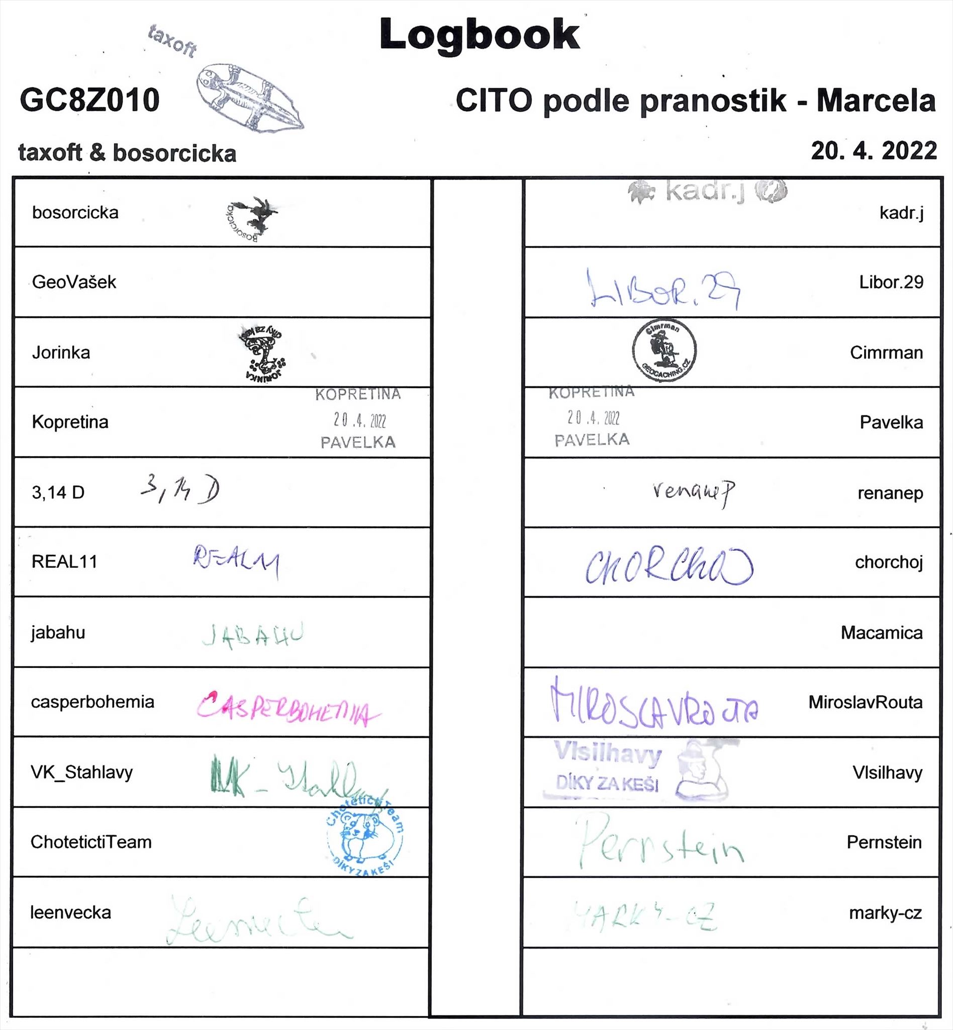 GC8Z010 - CITO podle pranostik - Marcela - logbook