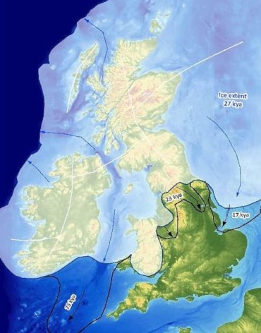 Glacial ice covering much of the British Isles