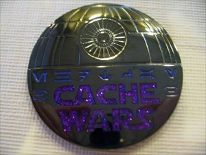 Cache Wars Geocoin Darkside Purple Edition front
