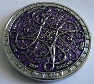 Tengwar Geocoin - Purple on Shiny Silver