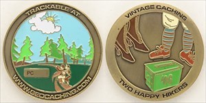 Two Happy Hikers Geocoin 2006 - Antique Gold