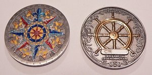 Compass Rose Geocoin antique silver and gold