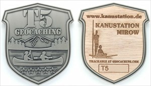 T5 Canoe Geocoin - Antique Silver - Real Cherry Wo