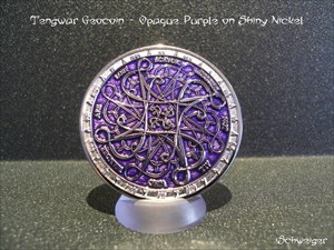 Tengwar Geocoin - Opaque Purple on Shiny Nickel