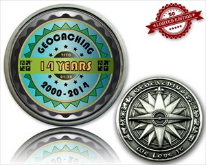 14 Years of Geocaching Geocoin Antique Silver XLE 