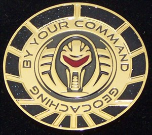 By Your Command Geocoin gold black nickel artist e