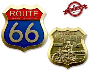 Route 66 Geocoin - Satin Gold XLE 75