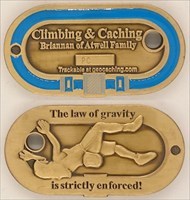 Climbing and Caching Geocoin - Antique Gold - Blue