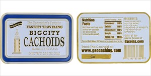 Cachoids Geocoin - Big City - Gold - Front &amp; Back