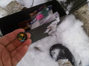Grabbing the Minelab GC from a cache in the snow
