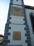 Image for Trojice slunecních hodin na veži kostela / Trio of sundial on the church tower, Kájov, Czech republic