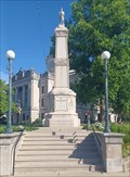 Image for Crews restoring 1928 Alexander Memorial on Monroe County Courthouse lawn - Bloomington, IN