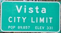 Image for Vista, California ~ Eastern City Limit - Population 89,857
