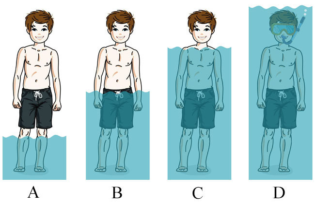 Question 1 diagram: A = knee-high, B = waist-high, C = shoulder-high, D = over your head