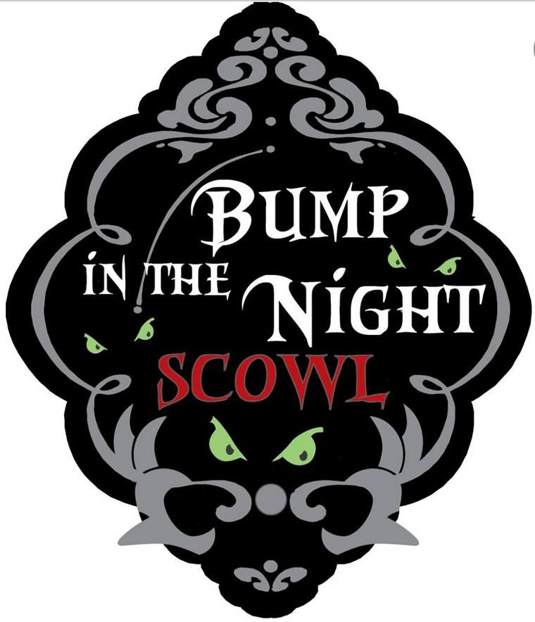 BUMP in the NIGHT Scowl black background logo with green evil eyes looking out