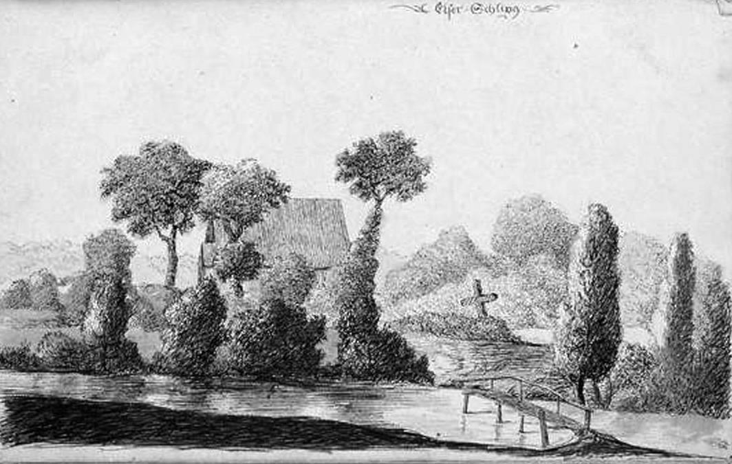 F. J. Brand, „Elser Schling nach 1825“. Es gab noch keine Brücke für Fahrzeuge. Hohes Almewasser, wie hier, gefährdete immer wieder den Steg