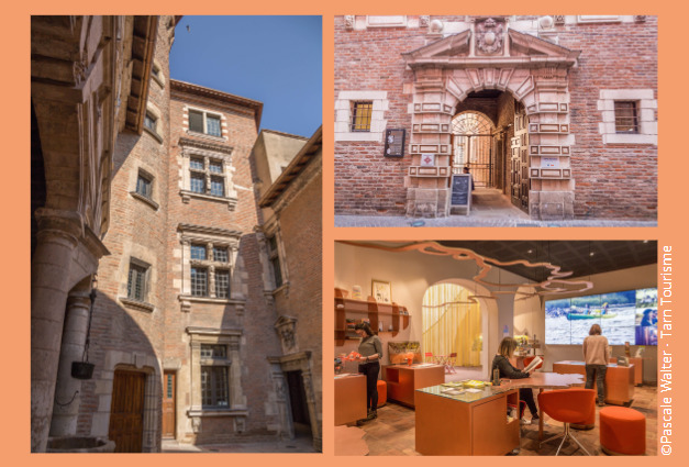 Bâtiment en brique oranges, cour de style renaissance, entrée du bâtiment et intérieur des locaux