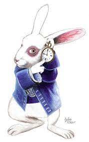A white rabbit wearing a blue waistcoat points to his watch reminding cachers to not be late
