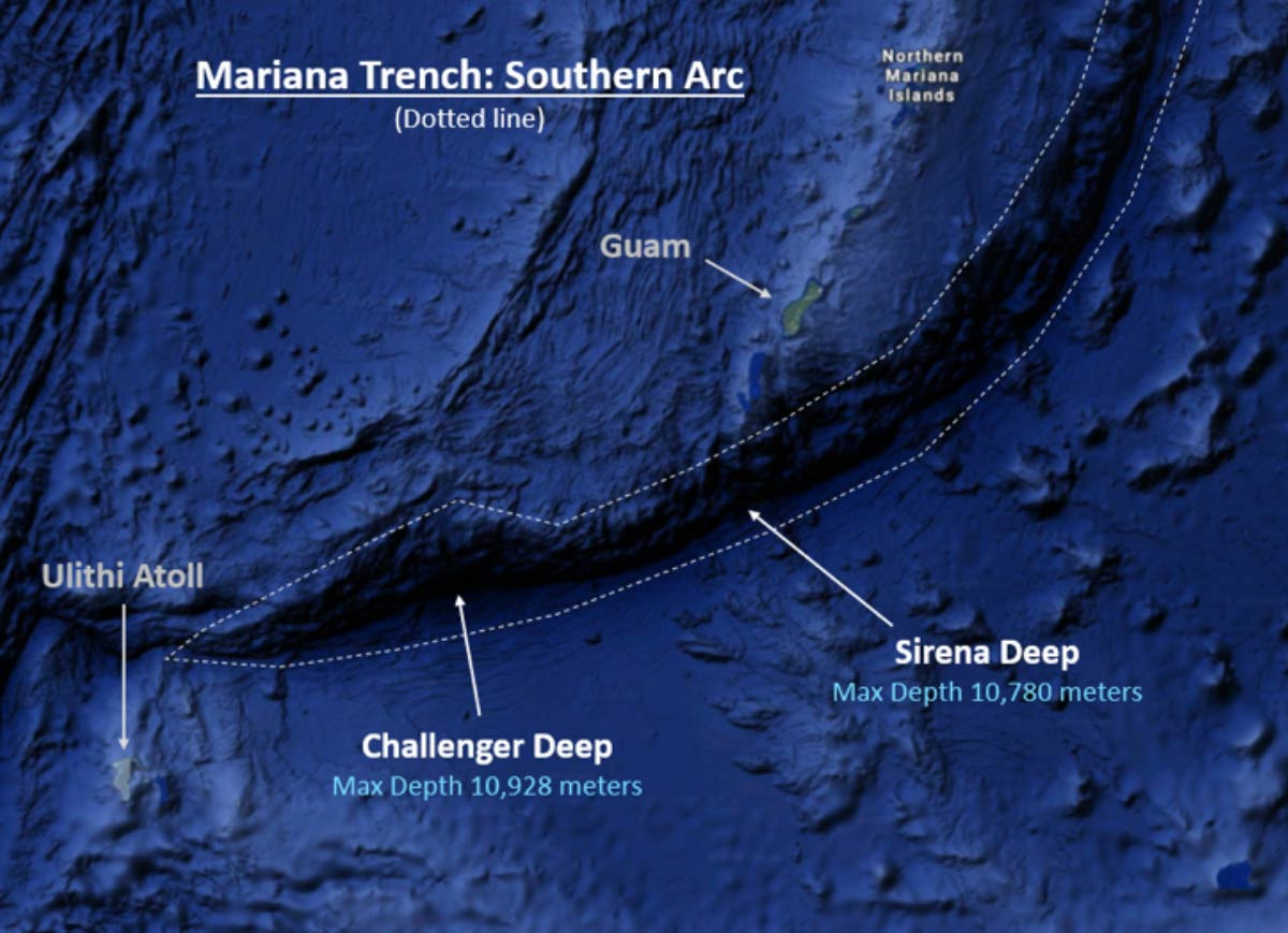Relief map image of Marianas Trench and Challenger Deep location