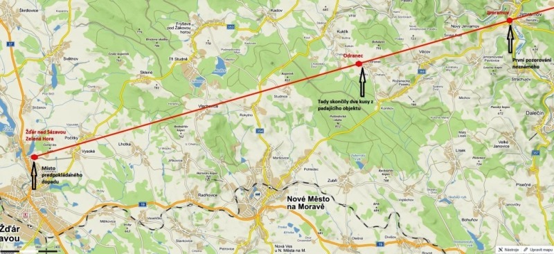 Mapka s dráhou letu od Jimramova až na místo dopadu ve Žďáře nad Sázavou