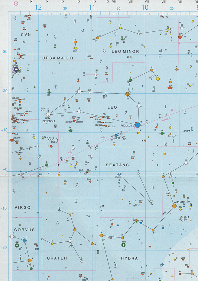 Výsek hvězdného atlasu - souhvězdí Lva
