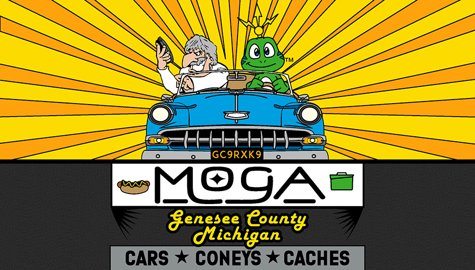MOGAman and Signal the frog together in a Old Car. Behind them are rays of orange in a yellow sky. Below the car is a banner that says MOGA. Below that are the words Genesee County, Michigan. The bottom of the image has the words "Cars, Coneys, Caches"