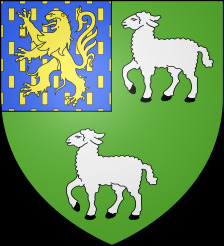 Blason de la ville de Champagney. Un triangle vert contenant deux moutons blancs et un lion jaune sur fond bleu.
