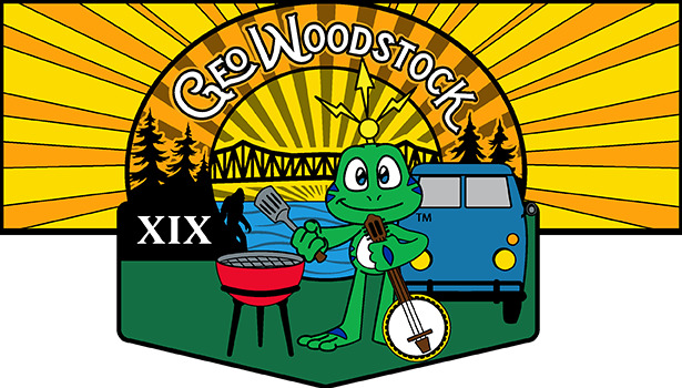 Sunrays coming from behind. There is water in the background wth a bridge crossing the bridge. In front of the water are trees with a silhouette of a bigfoot emerging from them. In the front is Signal the Frog. He is holding a banjo in his left hand and a spatula in his right. On his right side is a grill. Behind Signal on his left is a blue, van-like vehicle.